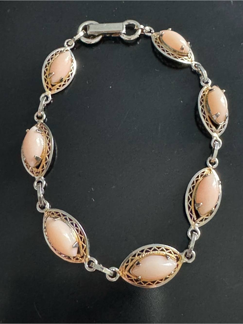 Vintage Angel Skin Coral Bracelet – Gold Filled 12K, Soft Blush Pink Cabochons